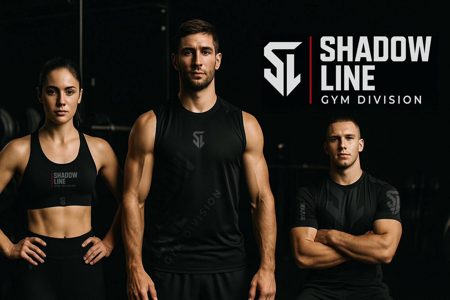 Three disciplined athletes wearing Shadow Line Gym Division apparel stand confidently in a gym setting, representing strength, focus, and a commitment to self-mastery. Logo displayed in top right corner.