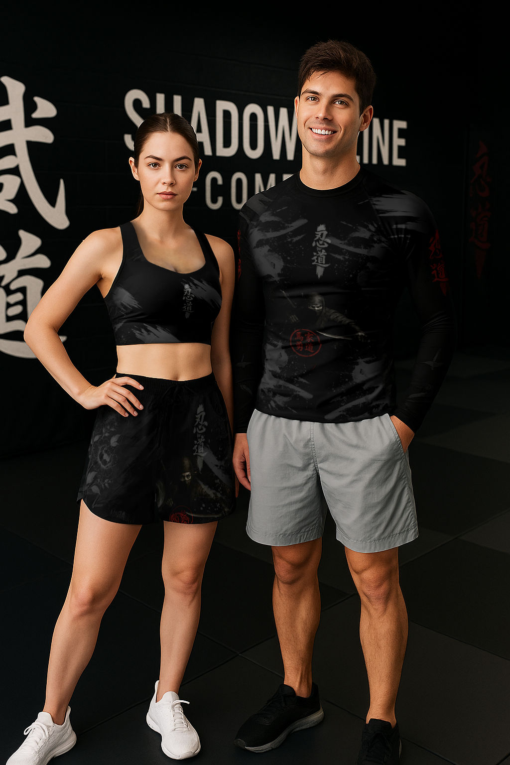 A fit man and woman pose confidently in ninja-inspired black Shadow Line Combat gear—a black crop top and shorts, and a long-sleeve compression shirt with shorts—against a dark backdrop featuring the ‘Shadow Line Combat’ logo and martial-arts graphics