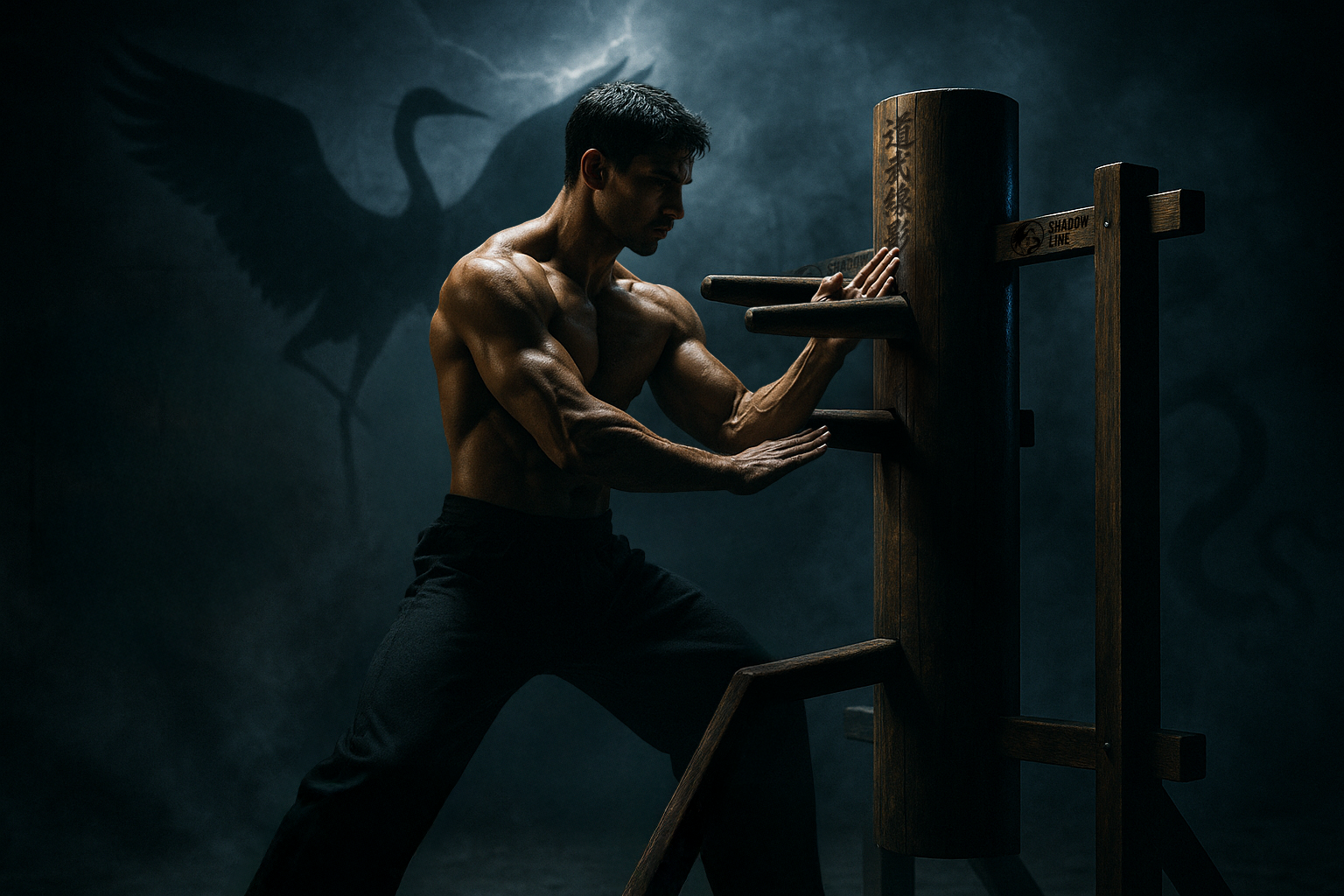 A muscular martial artist practices Wing Chun strikes on a wooden dummy in a dimly lit training hall; crane vs. snake silhouettes appear on the wall behind him, with stylized text reading ‘Shadow Line Origins