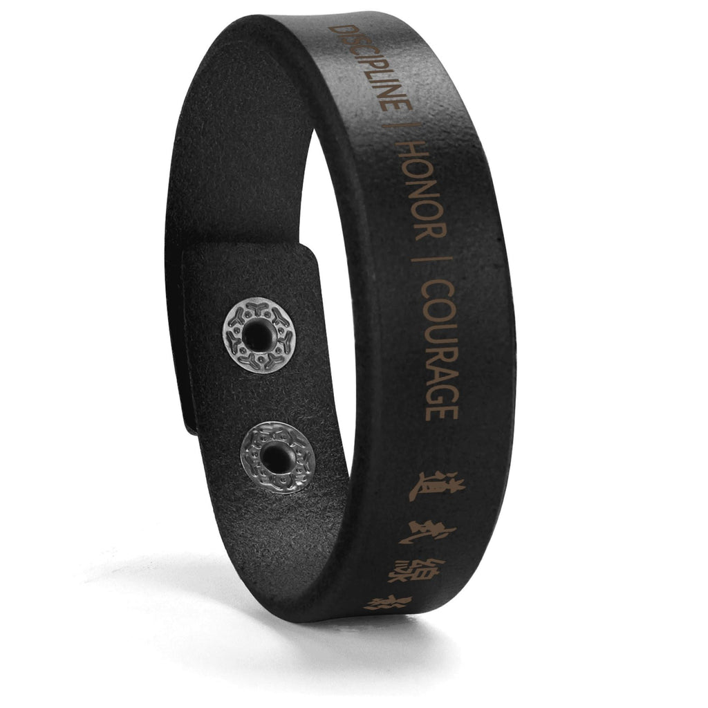 Silent Warrior Cuff – Engraved Leather Bracelet | HONOR | COURAGE | DISCIPLINE | 道武線影