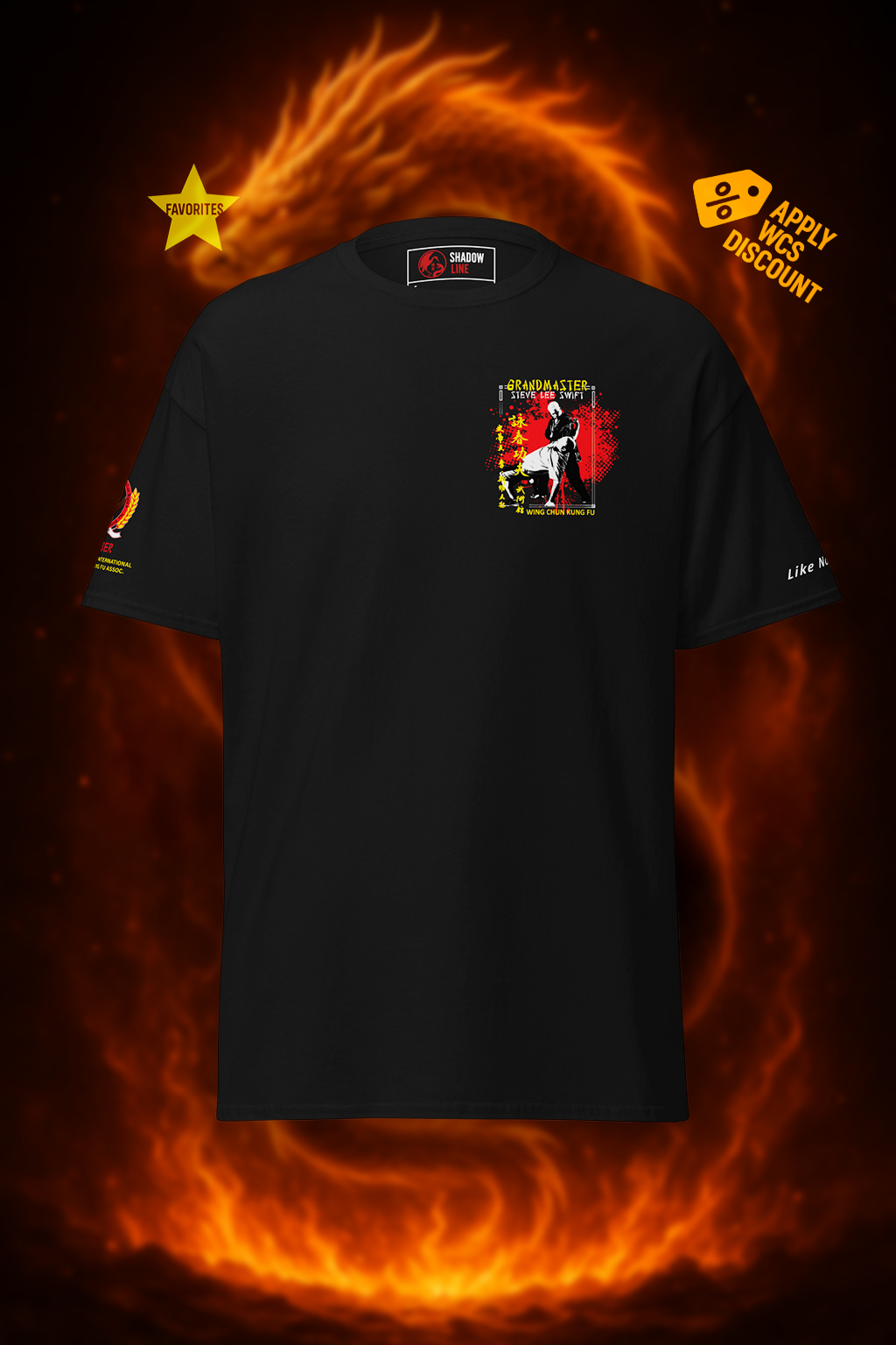 Black heavyweight cotton shirt for official training with colorful martial design.