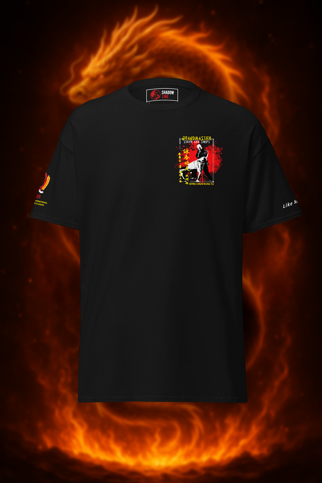 Black heavyweight cotton shirt for official training with colorful martial design.
